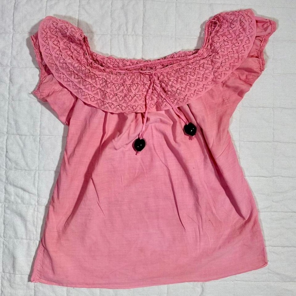 Pink Crochet Off-Shoulder Peasant Top – No Tag (Size S/M)
